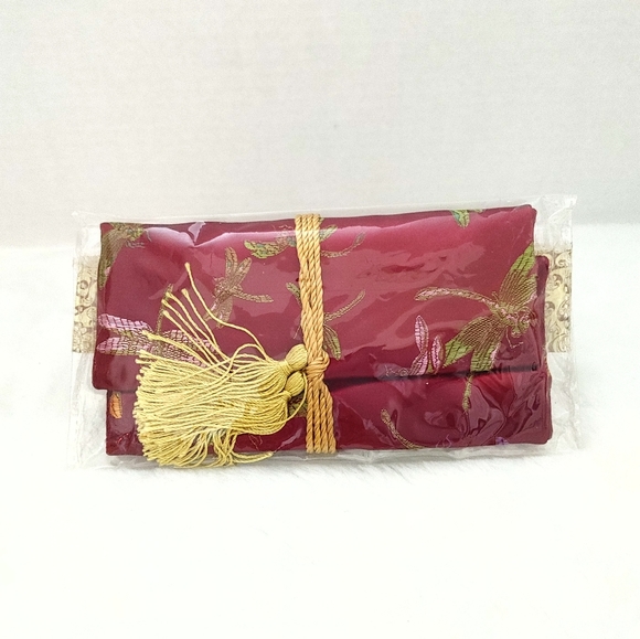 Red Brocade Jewelry Organizer Roll Bag Travel Jewel Pouch Woven Dragonfly Large - Picture 8 of 11